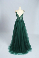 Spaghetti Strap Green A Line Long Prom Dress V Neck Formal Evening Gown Party Dress