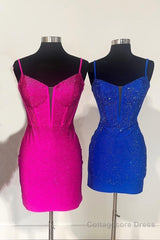 Royal Blue Beaded Sheath Deep V Neck Homecoming Dress