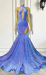 High Neck Sleeveless Illusion Sequined Trumpet Party Prom Evening Dress For Black Women