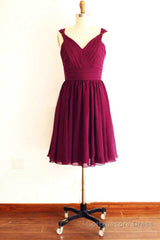 Magenta v-Neck Straps A-Line Short Bridesmaid Dress