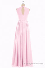 Pink Chiffon Halter Cutout Back A-Line Long Bridesmaid Dress