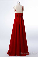 Red Chiffon Spaghetti Straps Backless A-Line Bridesmaid Dress with Slit