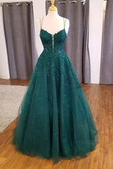 Hunter Green Floral Appliques Straps A-Line Prom Dress