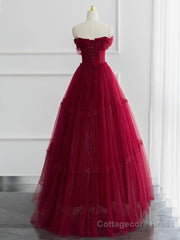 A-line Sweetheart Neck Tulle Burgundy Long Prom Dress, Off Shoulder Burgundy Formal Dress