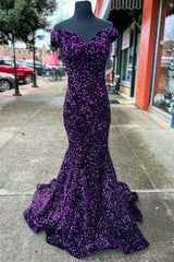 Purple Sequin Off-the-Shoulder Lace-Up Mermaid Long Dress