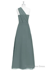 Dark Sage Green Chiffon One-Shoulder Long Bridesmaid Dress