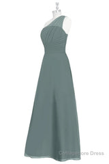 Dark Sage Green Chiffon One-Shoulder Long Bridesmaid Dress