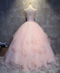 Pink Round Neck Tulle Lace Long Prom Dress, Lace Formal Dress