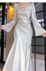 Elegant Mermaid Prom Dress Satin White Long Evening Dress