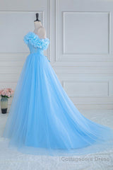 Light Blue Flowers Off-Shoulder A-line Long Prom Dress with Slit