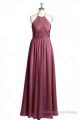 Mauve Chiffon Halter Backless A-Line Long Bridesmaid Dress