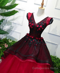 Unique Burgundy V Neck Tulle Long Prom Dress, Burgundy Evening Dress