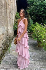 A Line Straps Tiered Chiffon Floor Length Long Prom Dress Pink Bridesmaid Dress