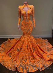 Hot Orange High neck Long Sleeves Mermaid Sequin Prom Dresses