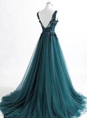 V Neck Dark Green Cheap Long Evening Prom Dresses, Sweet 16 Prom Dresses