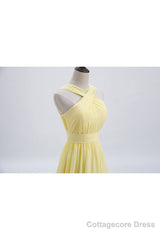 Cross Front Yellow Pleated Chiffon Long Bridesmaid Dress