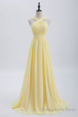 Cross Front Yellow Pleated Chiffon Long Bridesmaid Dress