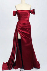 Red Satin Off-the-Shoulder Mermaid Long Prom Dress with Slit