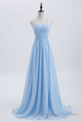 Blue Pleated Straps Chiffon Long Bridesmaid Dress