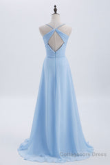 Blue Pleated Straps Chiffon Long Bridesmaid Dress