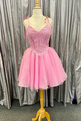 Pink Bow Tie Shoulder Appliques Tulle V Neck Homecoming Dress