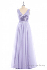 Lavender Sequin V-Neck Backless A-Line Long Dress