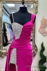 Asymmetrical Magenta Beaded Long Formal Dress with Attached Train