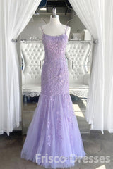 Lilac Spaghetti Straps Long Lace Tulle Evening Dresses Mermaid Appliques Prom Dresses