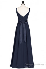 Navy Blue V-Neck Tie-Back A-Line Long Bridesmaid Dress