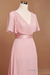 Pink V-Neck Ruffled A-Line Long Bridesmaid Dress