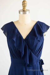 Navy Blue Ruffled Tie-Side Long Bridesmaid Dress