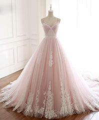 Pink Sweetheart Lace Tulle Long Prom Dress, Lace Pink Evening Dress