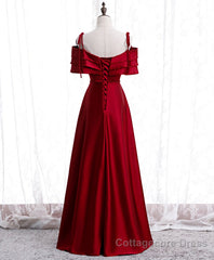 Burgundy Satin Beads Long Prom Dress, Burgundy Evening Dress