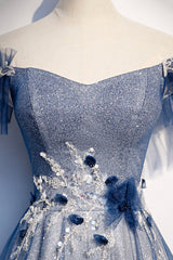 Blue Tulle Sequins Long Prom Dress, A-Line Evening Dress