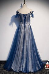 Blue Tulle Sequins Long Prom Dress, A-Line Evening Dress