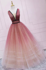 Cute Ombre Tulle V-Neck Long Party Dress, A-line Prom Dress