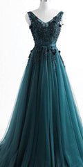 V Neck Dark Green Cheap Long Evening Prom Dresses, Sweet 16 Prom Dresses