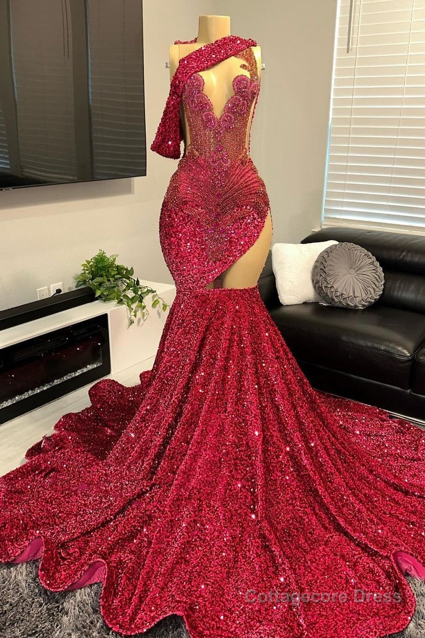 One shoulder Burgundy Sequin Prom Dresses with cutout