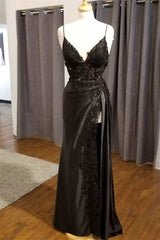 Black Floral Lace V-Neck Long Prom Dress with Slit