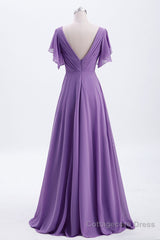 Flutter Sleeves Lavender Chiffon A-line Long Bridesmaid Dress