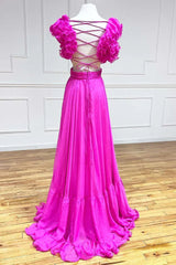 Hot Pink Ruffles Lace-Up Back A-Line Prom Dress, Formal Evening Dresses