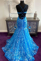 Blue Floral Lace Backless Trumpet Long Prom Gown