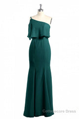 Hunter Green One-Shoulder Mermaid Ruffled Long Bridesmaid Dress