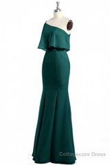 Hunter Green One-Shoulder Mermaid Ruffled Long Bridesmaid Dress