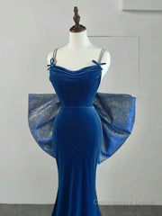 Simple Velvet Blue Mermaid Long Prom Dress, Backless Velvet Blue Evening Dress