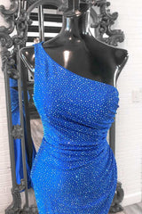 Blue Beaded One-Shoulder Ruched Long Formal Dress with Slit