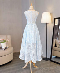 Light Blue Lace High Low Prom Dress, Homecoming Dress