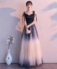 Black Sweetheart Tulle Sequin Long Prom Dress, Black Evening Dress