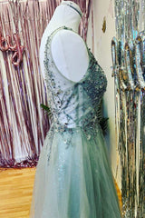 Mint Green Beaded V-Neck Backless A-Line Prom Dress