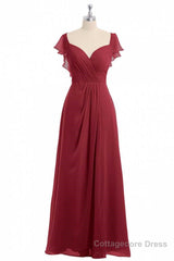 Wine Red Chiffon Backless Ruffled Sleeve Long Bridesmaid Dress